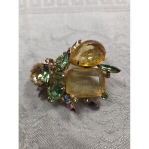 Vintage Alice Caviness Brooch Multicolor Rhinestone Glass Statement Pin Gold